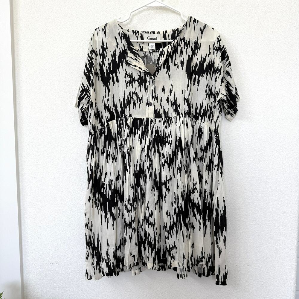 GANNI Anthropologie‎ Babydoll Mini Dress XS Black White Ikat Print Boho Indie